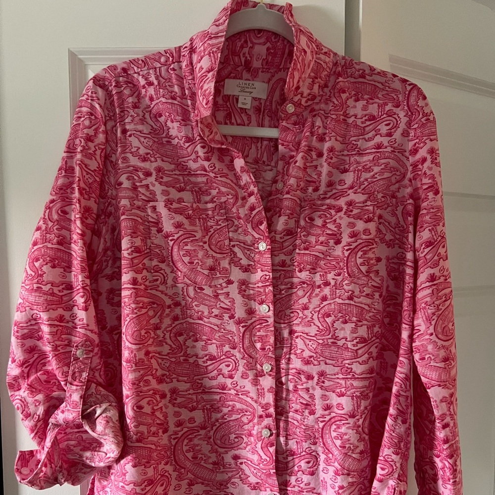 Linen pink chapter club women’s blouse. Roll up sleeve or not.